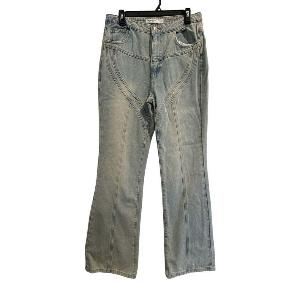 Highway Womans Light Wash high-rise wide leg flare jeans‎ seams details Sz 13